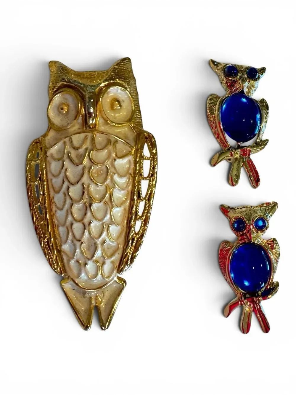 Vintage Owl Brooch Pin Lot Gold Tone Blue Cabochon & White Enamel 3pc